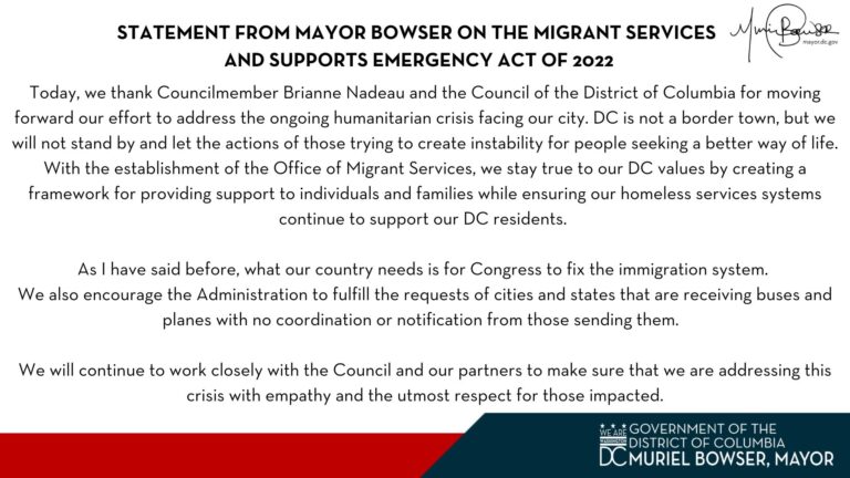 Declaración de la alcaldesa de Washington sobre la Ley de Emergencia de Servicios y Apoyos para Migrantes